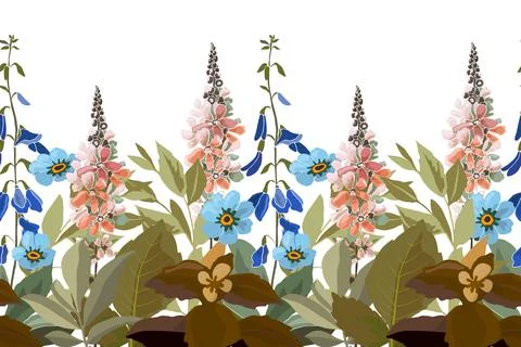 Floral seamless horizontal pattern, border with meadow flowers. Illustrazione stock