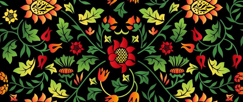 Floral seamless horizontal pattern on dark background. Vector illustration. Stock Illustration