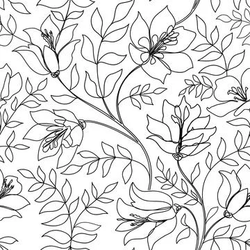 Floral seamless line art pattern. Branch with leaves line drawign texture Stock Illustration