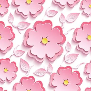 Floral seamless pattern with 3d sakura and leaves Stock Illustration