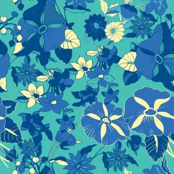 Floral seamless pattern with abstract leaves, flowers, petunias and daisies. Stock Illustration