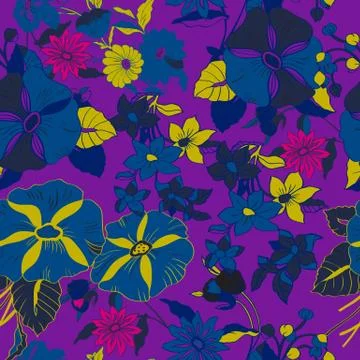 Floral seamless pattern with abstract leaves, flowers, petunias and daisies. Stock Illustration