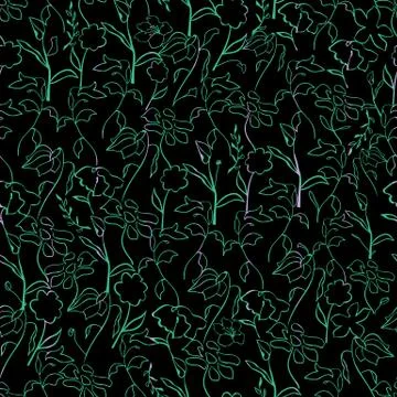 Floral seamless pattern with abstract leaves, flowers, petunias and daisies. Stock Illustration
