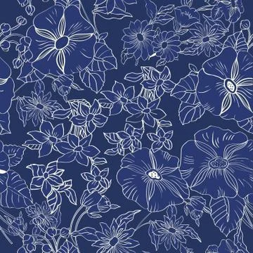 Floral seamless pattern with abstract leaves, flowers, petunias and daisies. Stock Illustration