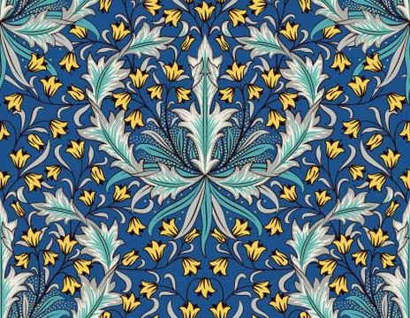 Floral seamless pattern with big and small flowers on blue background. Vector Stock Illustration