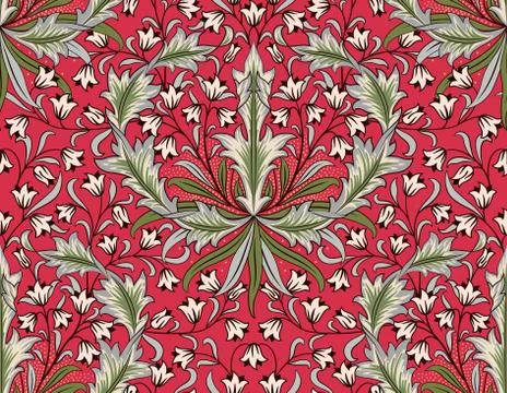Floral seamless pattern with big and small flowers on red background. Vector 스톡 일러스트