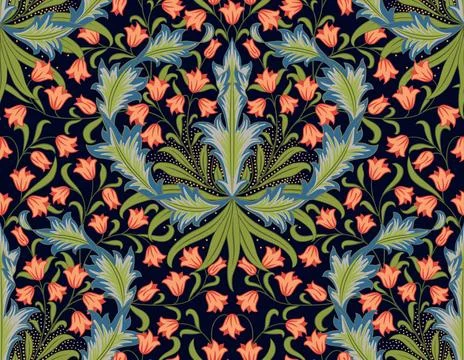 Floral seamless pattern with big and small red flowers on dark background Stock Illustration