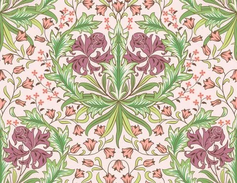 Floral seamless pattern with big and small red flowers on light pink background Stock Illustration