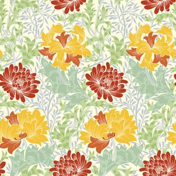 Floral seamless pattern with big red and yellow flowers on light green foliage Stock Illustration