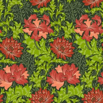 Floral seamless pattern with big red flowers on dark green foliage background Stock Illustration
