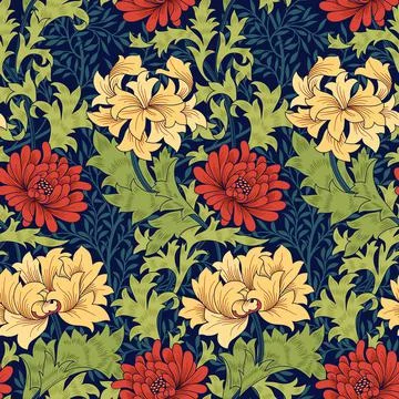 Floral seamless pattern with big red flowers on dark blue background. Classic Stock Illustration