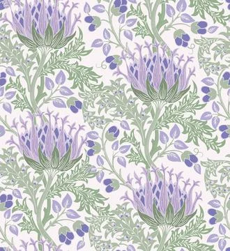 Floral seamless pattern with big violet flowers and green foliage on light 스톡 일러스트