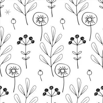 Floral Seamless Pattern. Black and white Hand-drawn Pattern of Various Plants Stock Illustration