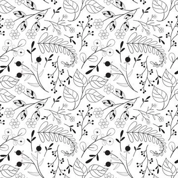 Floral seamless pattern in black and white line style. Doodle flowers textile Stock Illustration