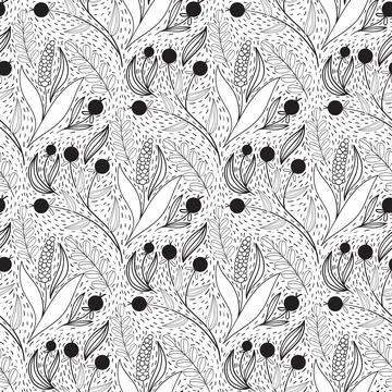 Floral seamless pattern in black and white line style with damask tile motif Stock Illustration