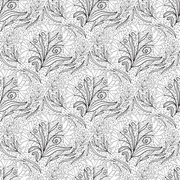 Floral seamless pattern in black and white line style with damask tile motif Stock Illustration