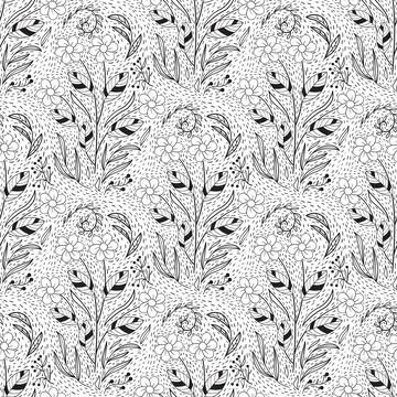 Floral seamless pattern in black and white line style with damask tile motif Stock Illustration