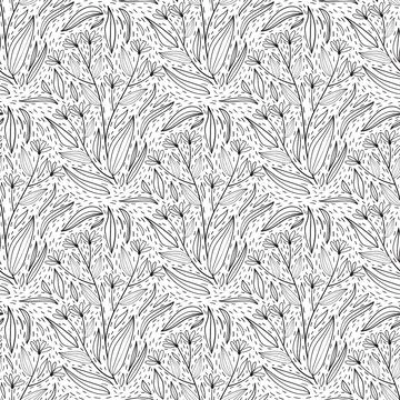 Floral seamless pattern in black and white line style with damask tile motif. Stock Illustration