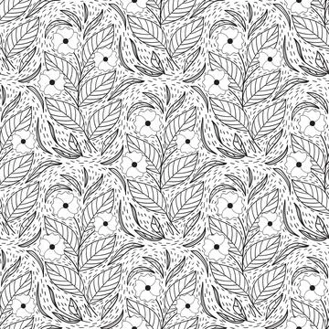 Floral seamless pattern in black and white line style with damask tile motif. Stock Illustration