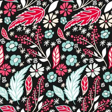 Floral seamless pattern on the black background Stock Illustration