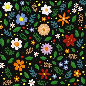 Floral Seamless Pattern on Black Background. Vector Stock Illustration