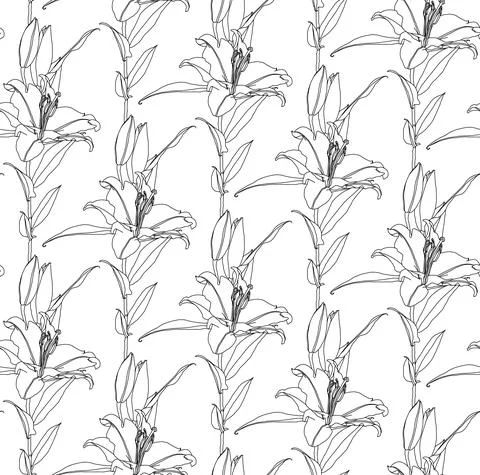Floral seamless pattern of black linear drawing of lily flowers Stock Illustration