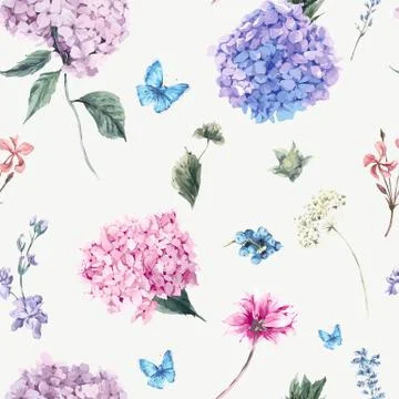 Floral seamless pattern with Blooming Hydrangea and garden flowe Stock Illustration