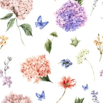 Floral seamless pattern with Blooming Hydrangea and garden flowe Illustrazione stock