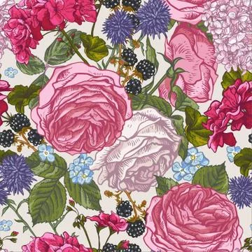 Floral seamless pattern with blooming roses Stock Illustration
