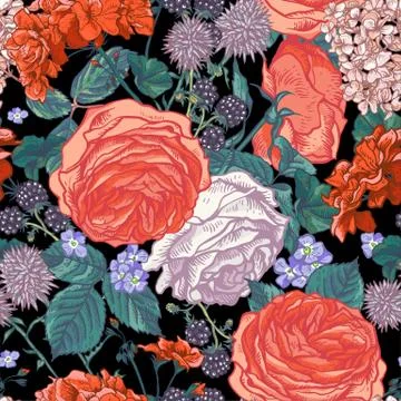 Floral seamless pattern with blooming roses Stock Illustration
