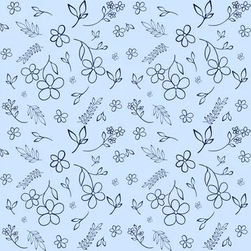 Floral seamless pattern on blue background, doodle style Stock Illustration