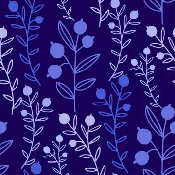Floral seamless pattern with blue branches and berries. Botanical textile des Stock Illustration
