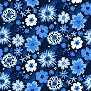 Floral Seamless Pattern in Blue Colors. Contemporary Flat Style vector Stock Illustration