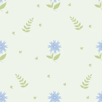 Floral seamless pattern with blue cornflower and leaves on light background.. Stock Illustration