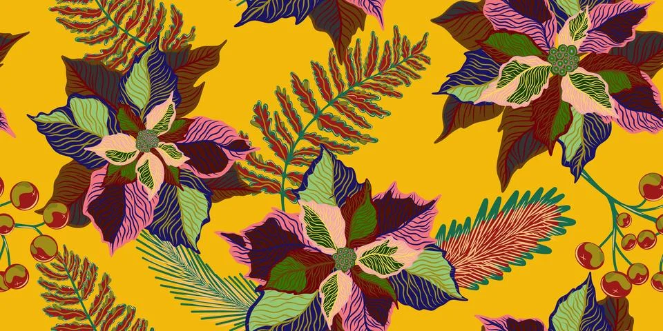 Floral seamless pattern. Botanical stylized hand-drawn nature motifs, Christm Illustrazione stock