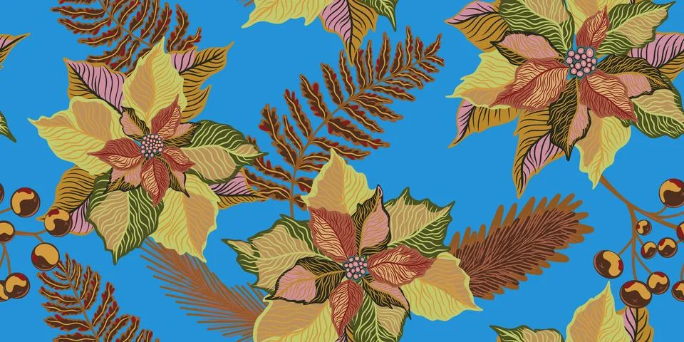 Floral seamless pattern. Botanical stylized hand-drawn nature motifs, Christm Stock Illustration
