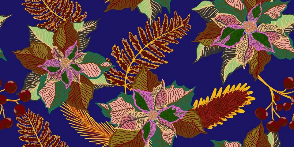 Floral seamless pattern. Botanical stylized hand-drawn nature motifs, Christm Stock Illustration