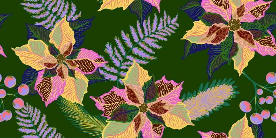 Floral seamless pattern. Botanical stylized hand-drawn nature motifs, Christm Stock Illustration