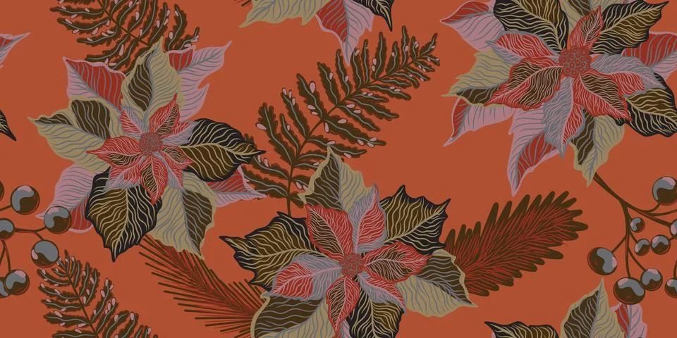 Floral seamless pattern. Botanical stylized hand-drawn nature motifs, Christm Stockillustratie