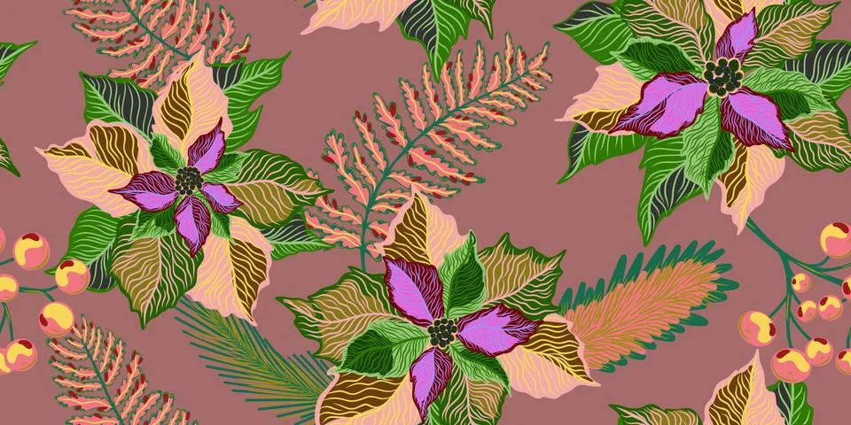 Floral seamless pattern. Botanical stylized hand-drawn nature motifs, Christm Stock Illustration