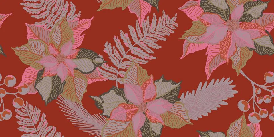 Floral seamless pattern. Botanical stylized hand-drawn nature motifs, Christm Illustrazione stock