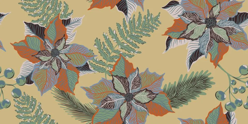 Floral seamless pattern. Botanical stylized hand-drawn nature motifs, Christm Stock Illustration