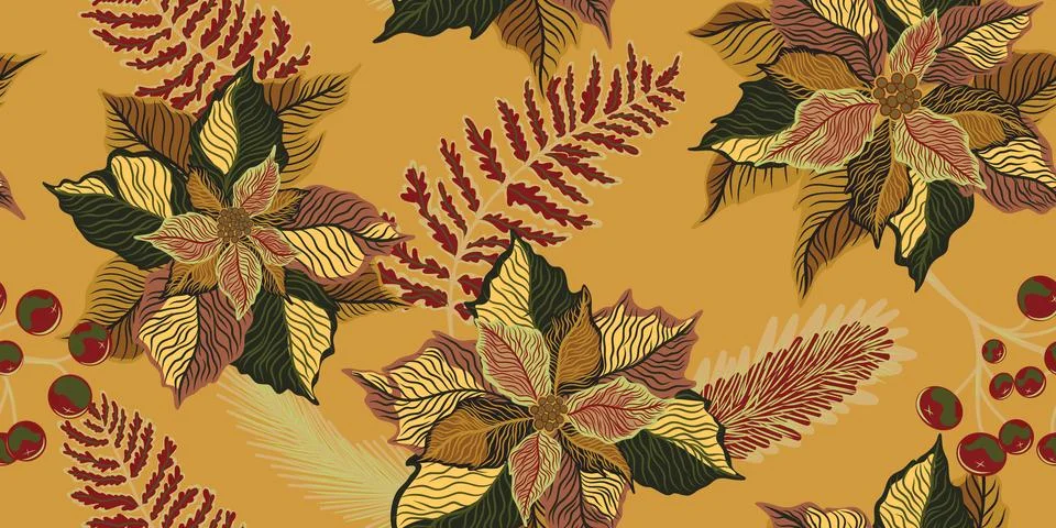 Floral seamless pattern. Botanical stylized hand-drawn nature motifs, Christm Stock Illustration