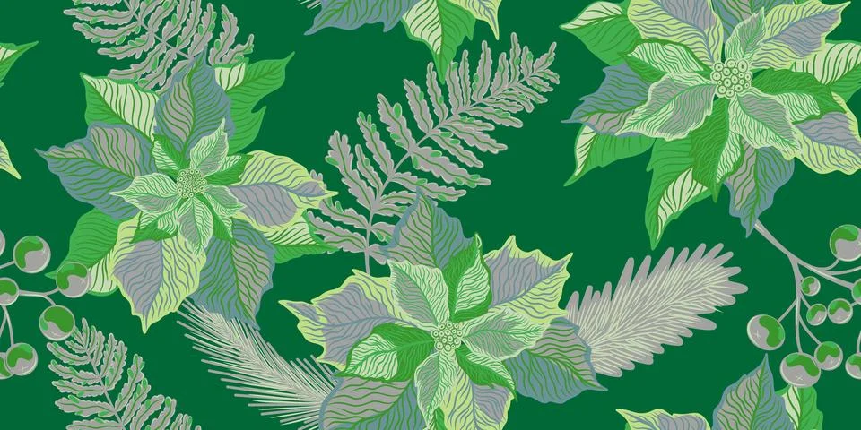 Floral seamless pattern. Botanical stylized hand-drawn nature motifs, Christm Stock Illustration