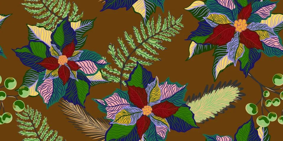 Floral seamless pattern. Botanical stylized hand-drawn nature motifs, Christm Stock Illustration