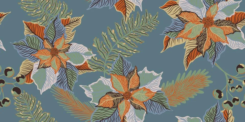 Floral seamless pattern. Botanical stylized hand-drawn nature motifs, Christm Stock Illustration