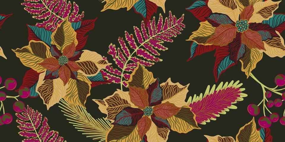 Floral seamless pattern. Botanical stylized hand-drawn nature motifs, Christm Stock Illustration