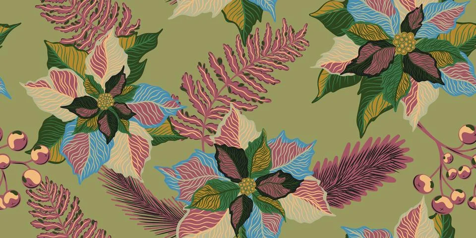 Floral seamless pattern. Botanical stylized hand-drawn nature motifs, Christm Stock Illustration