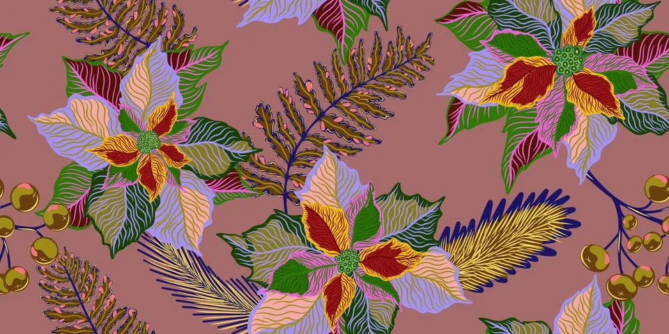 Floral seamless pattern. Botanical stylized hand-drawn nature motifs, Christm Stock Illustration