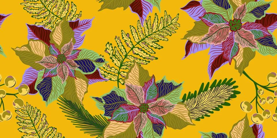 Floral seamless pattern. Botanical stylized hand-drawn nature motifs, Christm Stock-Illustration